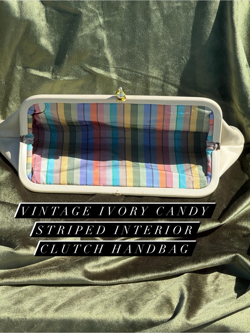 Vintage Ivory Clutch Handbag with Candy-Striped Interior